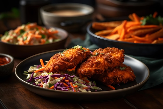 Un plato de pollo frito con ensalada de col y una guarnición de papas fritas