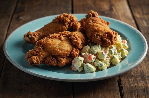 Un plato de pollo frito con ensalada de patatas