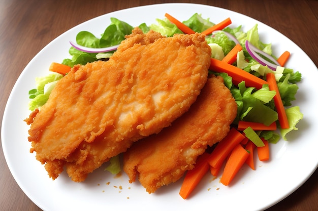 Un plato de pollo frito y ensalada con zanahorias.