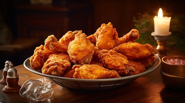 Un plato de pollo frito está en una mesa.