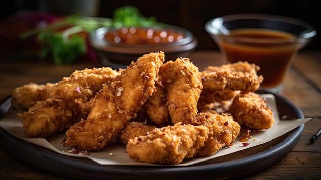 Foto un plato de pollo frito con una guarnición de salsa barbacoa