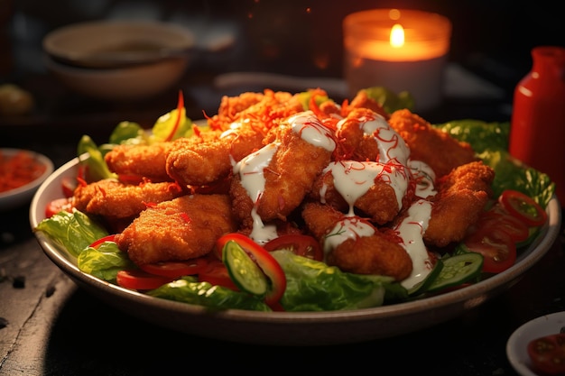 un plato de pollo frito con ketchup y pimientos