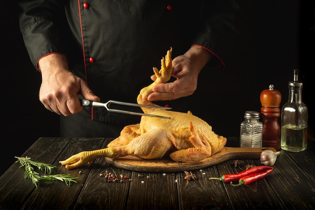 Un plato de pollo frito en manos del chef en la cocina del restaurante Preparándose para cocinar un gallo crudo en una tabla de cortar Tenedor en la mano del cocinero