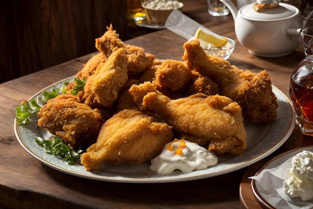 Foto un plato de pollo frito en una mesa de madera