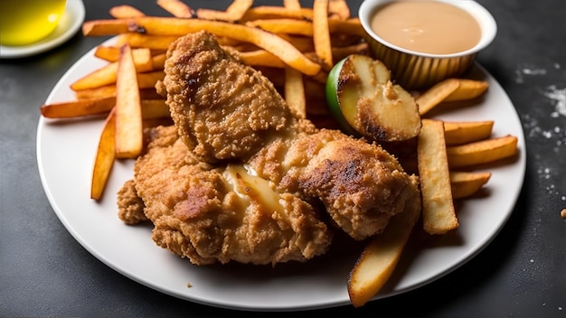 Foto un plato de pollo frito con papas fritas y una guarnición de salsa.