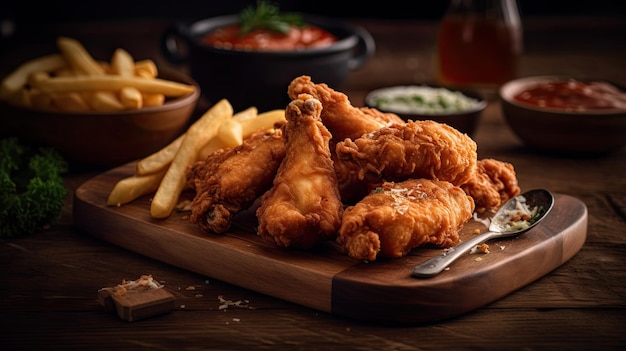 Un plato de pollo frito y papas fritas en una mesa de madera