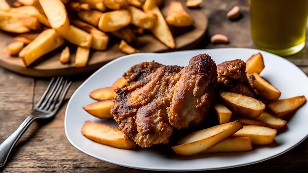 Un plato de pollo frito y papas fritas con un plato de jugo de manzana en el fondo