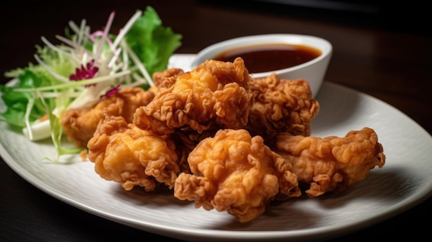 Un plato de pollo frito con un plato de salsa al lado.