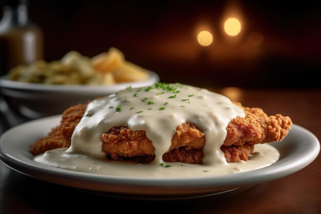 Un plato de pollo frito con salsa blanca encima