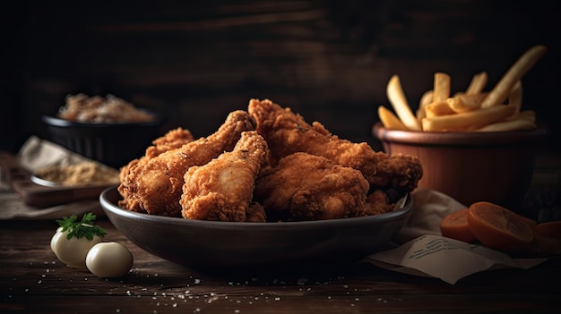 Un plato de pollo frito se sienta en una mesa con un letrero que dice "pollo".