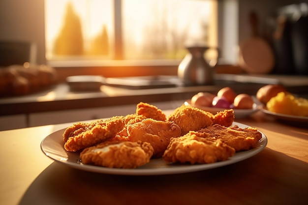 Plato de pollo frito se sienta en un mostrador de cocina