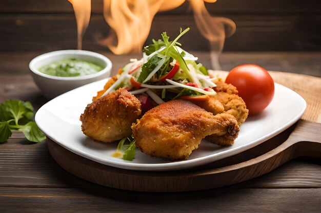 Un plato de pollo frito y una taza de cerveza sobre una mesa