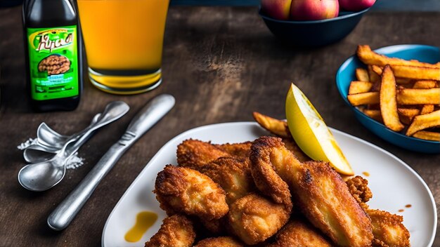 Foto un plato de pollo frito con un vaso de jugo de manzana y un plato azul de comida