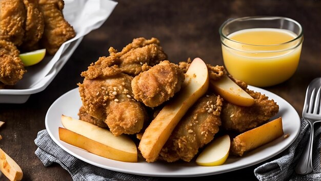 Un plato de pollo frito con un vaso de jugo de naranja