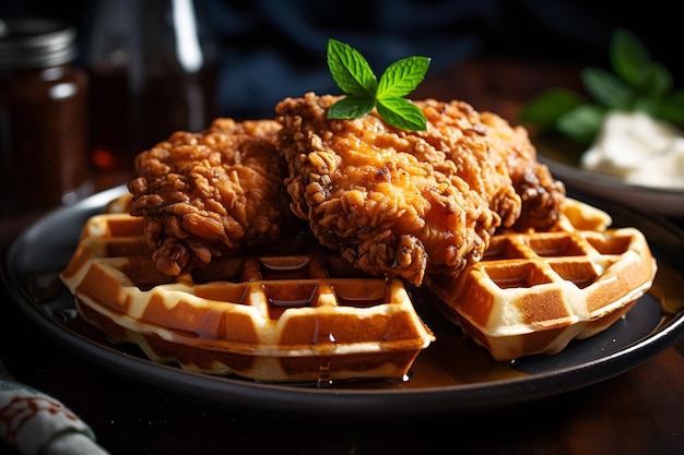 Un plato de pollo y gofres con una ramita de menta encima