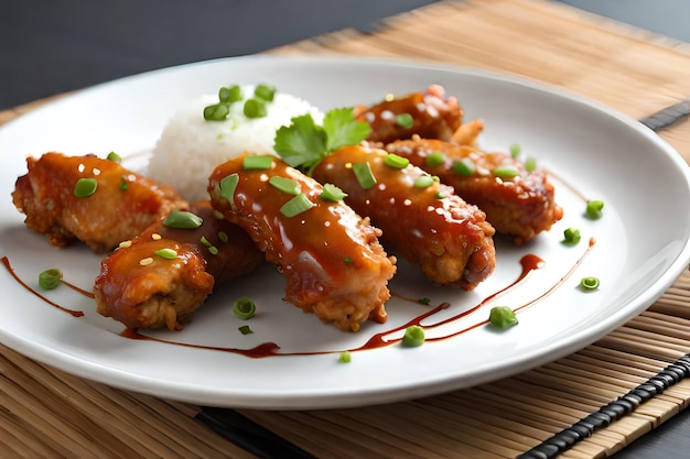 Un plato de pollo con una guarnición de arroz.