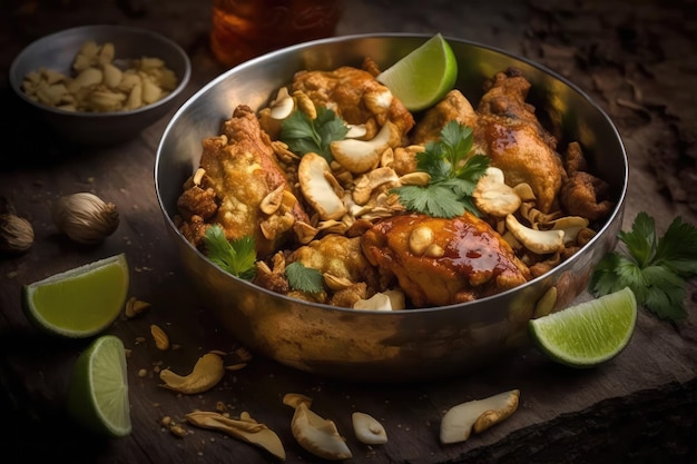 Plato de pollo indio saludable y picante con cilantro fresco y ai generativa de limón