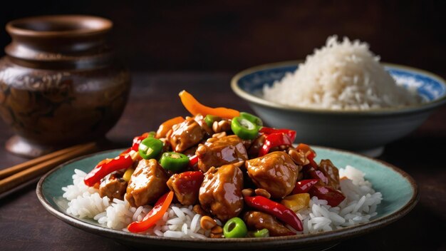 Foto un plato de pollo kung pao con arroz adornado con chiles y cebollas verdes