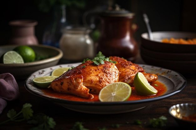 Un plato de pollo con limas y cilantro al lado