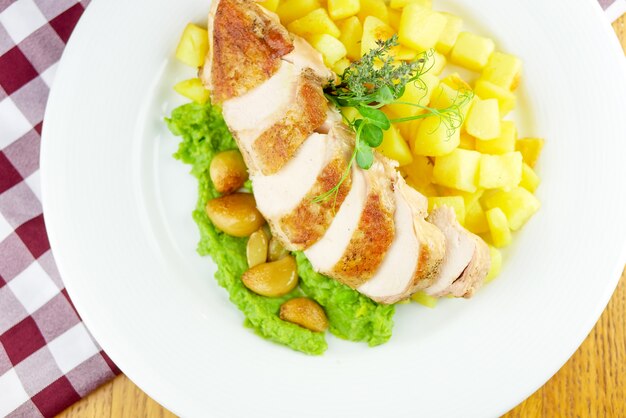 Plato de pollo en una mesa de restaurante