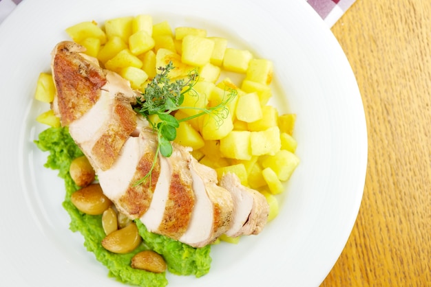 Plato de pollo en una mesa de restaurante