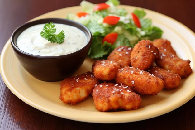 Un plato de pollo con nuggets servidos con un lado de crema.