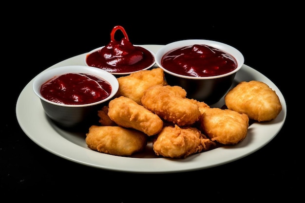 Un plato de pollo con nuggets servidos con un lado de tangs.