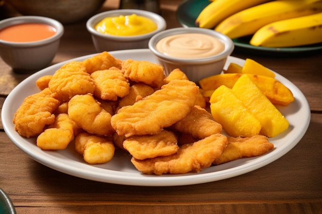 Un plato de pollo con nuggets servidos con un lado de tangs.