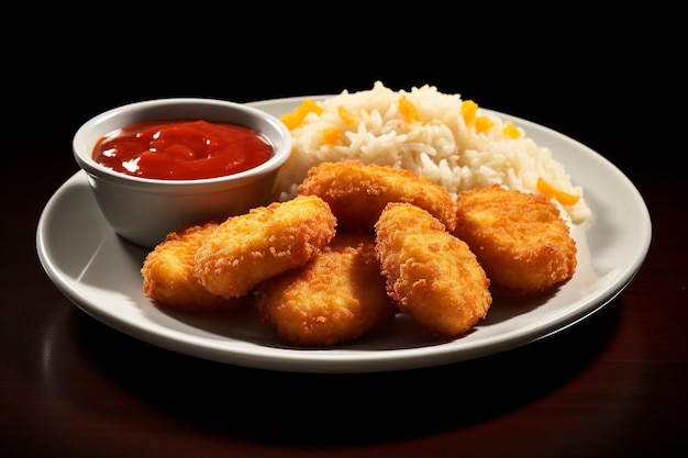 Un plato de pollo con nuggets servidos con un lado de tangs.