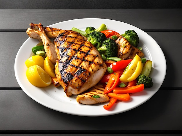 Un plato de pollo a la parrilla con ensalada de verduras frescas alimentos saludables aislados en un fondo blanco