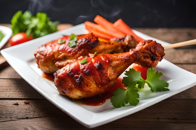 Un plato de pollo a la parrilla con salsa roja.