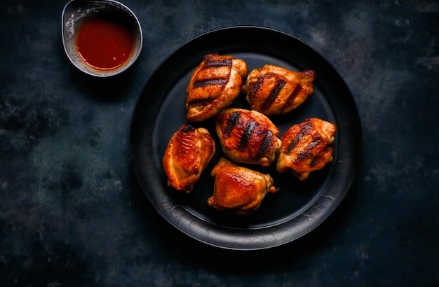 Un plato de pollo a la parrilla y salsa sobre un azulejo oscuro