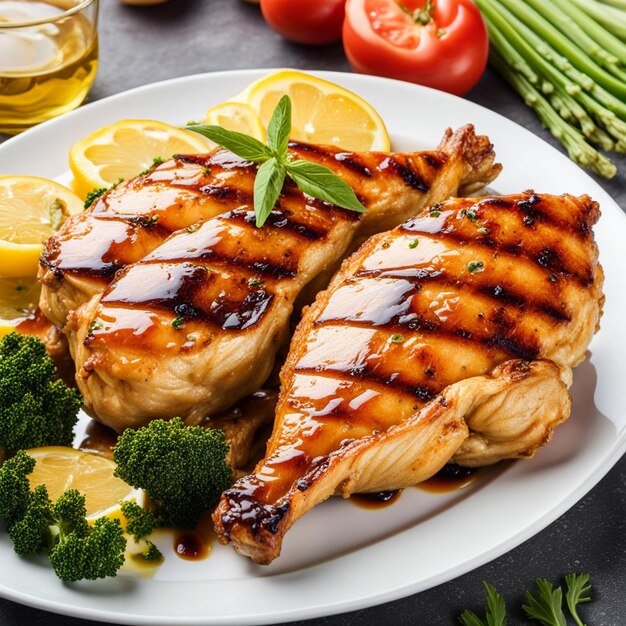 Foto un plato de pollo a la parrilla con verduras aisladas en fondo blanco y plato blanco