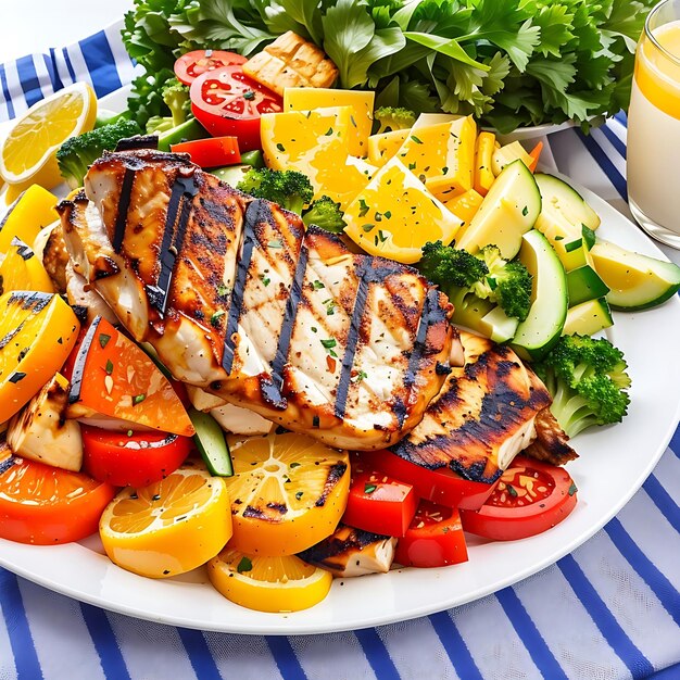 Un plato de pollo a la parrilla con verduras