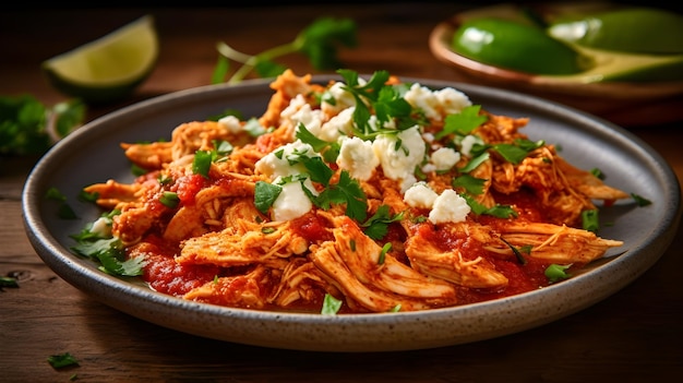 Un plato de pollo con queso feta y cilantro encima