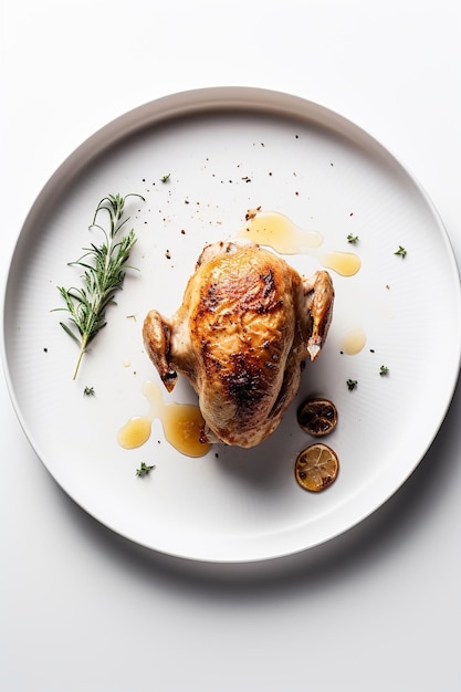 Un plato de pollo con una ramita de romero