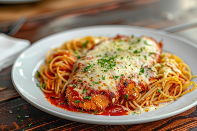 Un plato de pollo salado parmesano con espacio de copia de espagueti para el texto