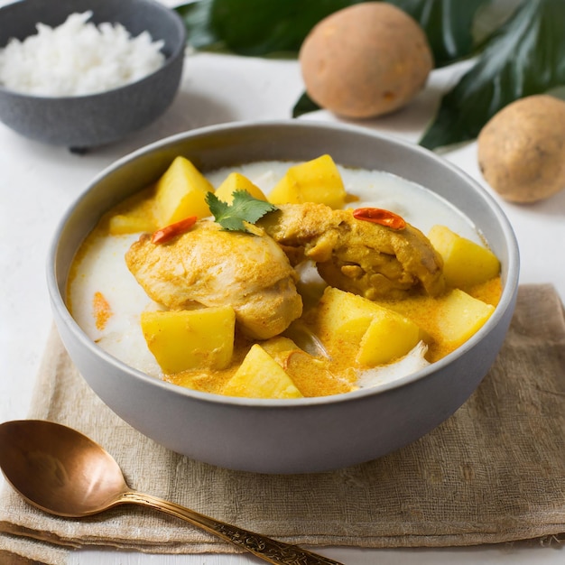 Foto plato de pollo con salsa de curry y arroz sobre fondo blanco