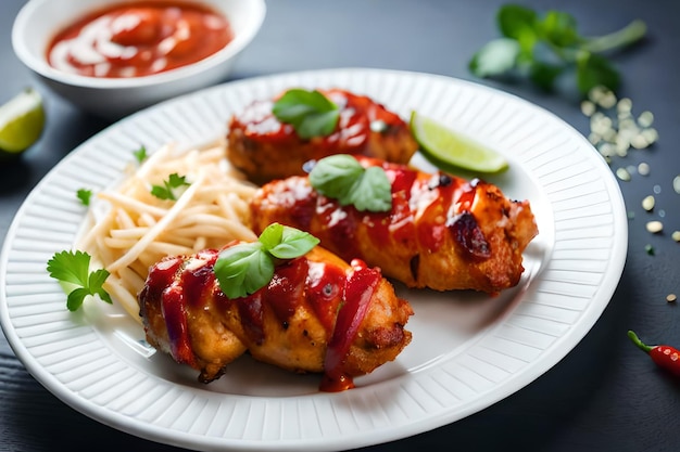 Un plato de pollo con salsa y espaguetis encima