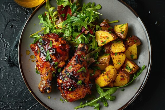 Foto un plato de pollo con salsa de piña y ensalada de rúcula en el fondo negro del lado