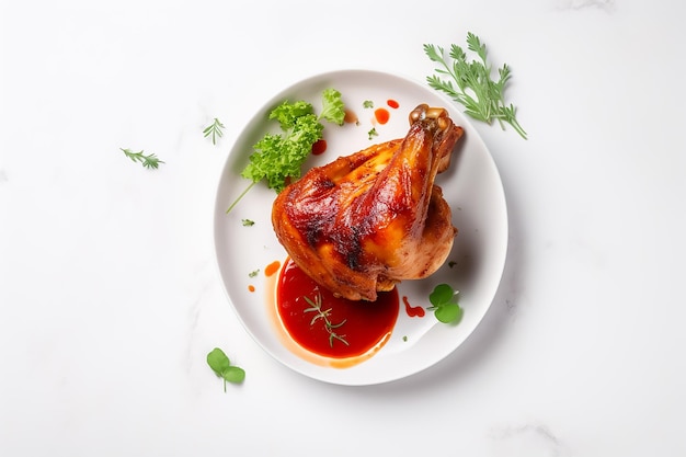 Un plato de pollo con salsa roja.