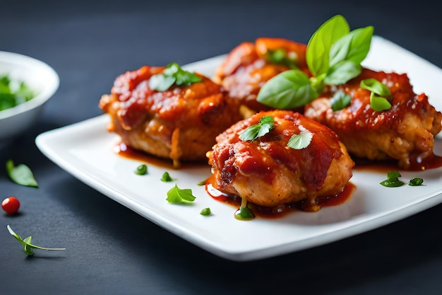 Un plato de pollo con salsa roja