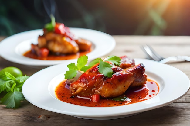 Un plato de pollo con salsa roja