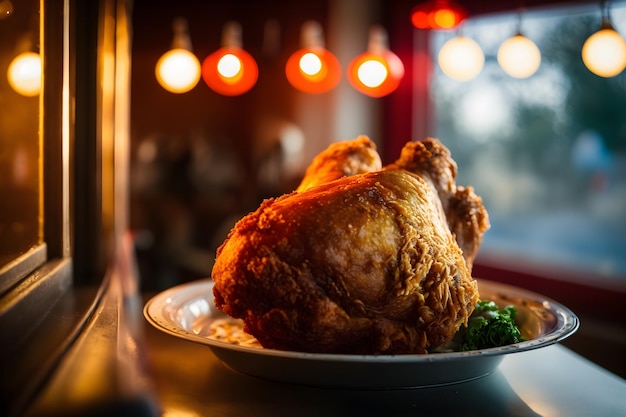 Un plato de pollo se sienta en una mesa