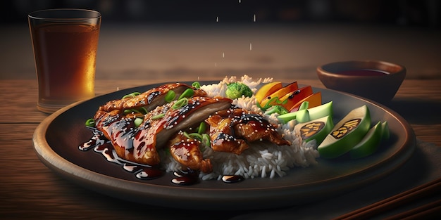 un plato de pollo teriyaki de fondo borroso