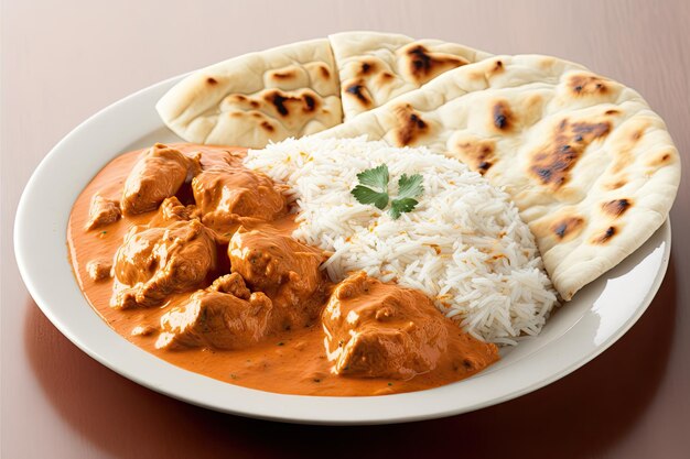 Plato de pollo tikka masala con arroz basmati y naan creado con ai generativo