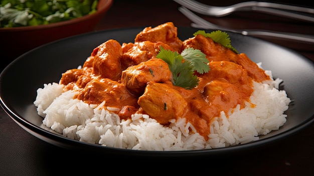 Un plato de pollo tikka masala con arroz y cilantro