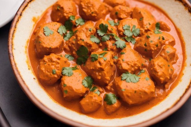 Un plato de pollo tikka masala con guarnición de perejil