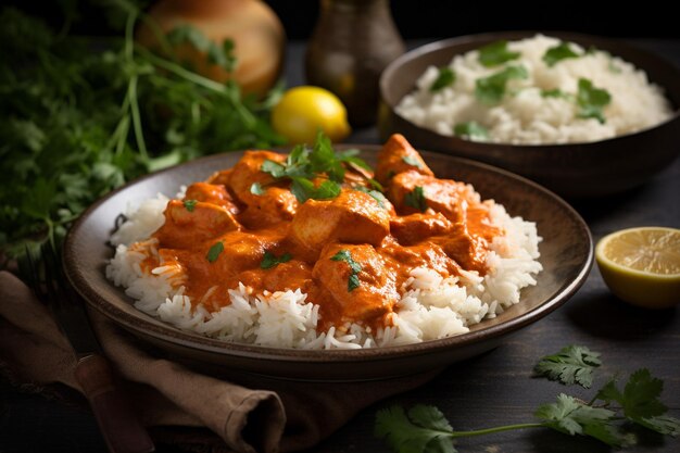 Foto un plato de pollo tikka masala con un plato de especias en una mesa de madera