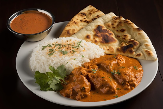 Plato de pollo tikka masala servido con arroz y naan creado con ai generativo